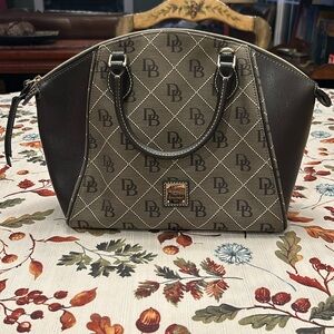 Dooney & Bourke Signature Monogrammed Jacquard Satchel w/ Black Leather Trim